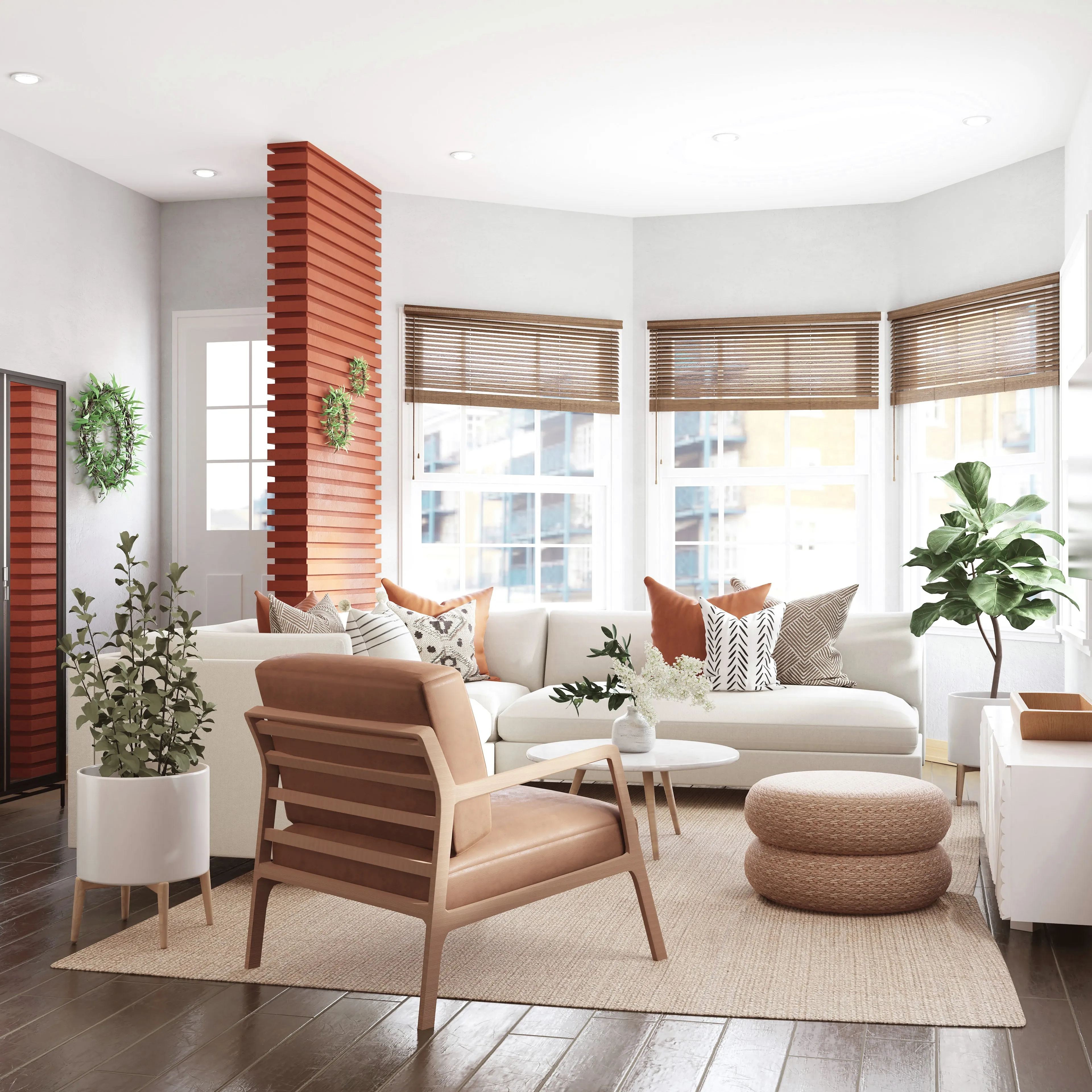 Living room with a terracotta slatted column, a wooden armchair and woven ottomans by a bay window